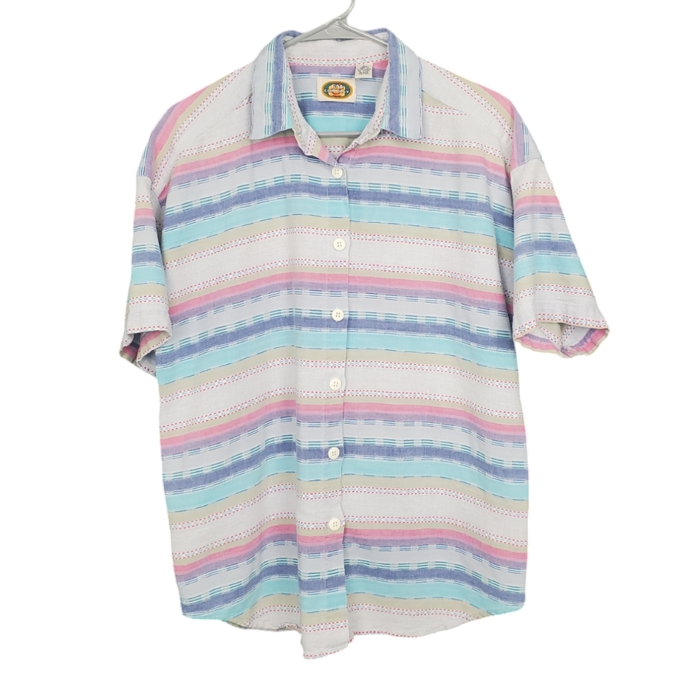 Vintage 90s Southwestern Pastel Cotton Button Down Short Sleeve Top L